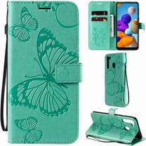 Dteck Samsung Galaxy A21 6.5 inch 2020 Case 3D Butterfly Pattern Premium PU Leather Flip Cover Wallet Kickstand Magnetic Closure Credit Card Slots Holder Wrist Strap for Samsung Galaxy A21, green