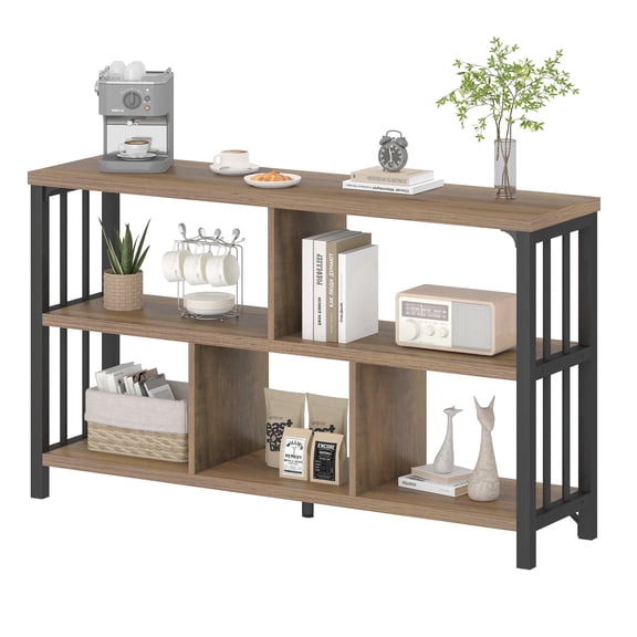 Paasyonmate 47 inch Long Console Table with 3-Tier Open Shelves, Farmhouse Entryway Table for Entrance, Hallway, Living Room, Brown