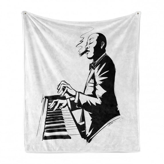 Cigar Soft Flannel Fleece Throw Blanket, Jazz Pianist in Black and White Smoking a Cigar Musician Performer Sketch Art, Cozy Plush for Indoor and Outdoor Use, 60" x 80", Black and White, by Ambesonne