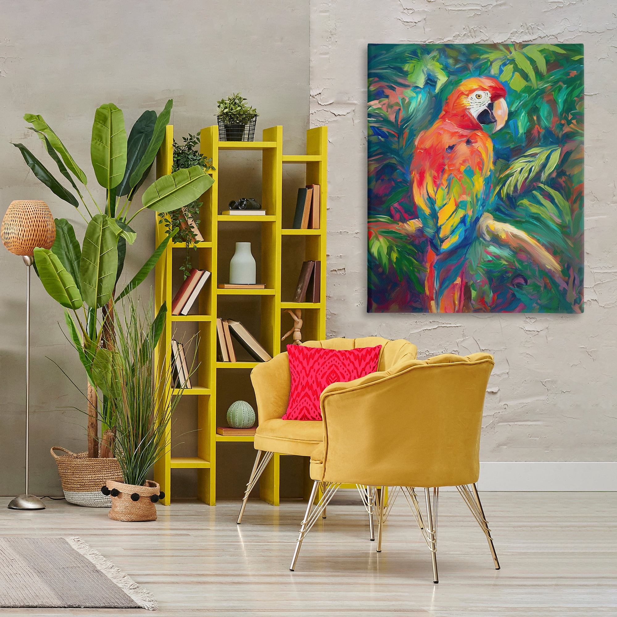 Stupell Industries Jungle Macaw on Branch Animals & Insects Painting Gallery Wrapped Canvas Art Print Wall Art, 36 x 48