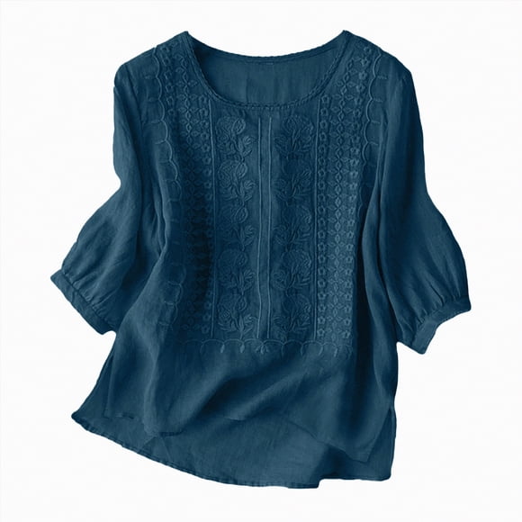 Splozh Womens Crew Neck Long Sleeve Linen Shirts for Women Retro Embroidery Summer Loose 3/4 Sleeve Tshirts Tunic Tops Casual Blouses Boho Clothes Dark Blue,L