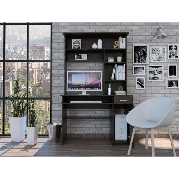 Desks, Modern Computer Desk with Hutch – 2 Drawers, 7 Shelves | Wenge | Particle Board