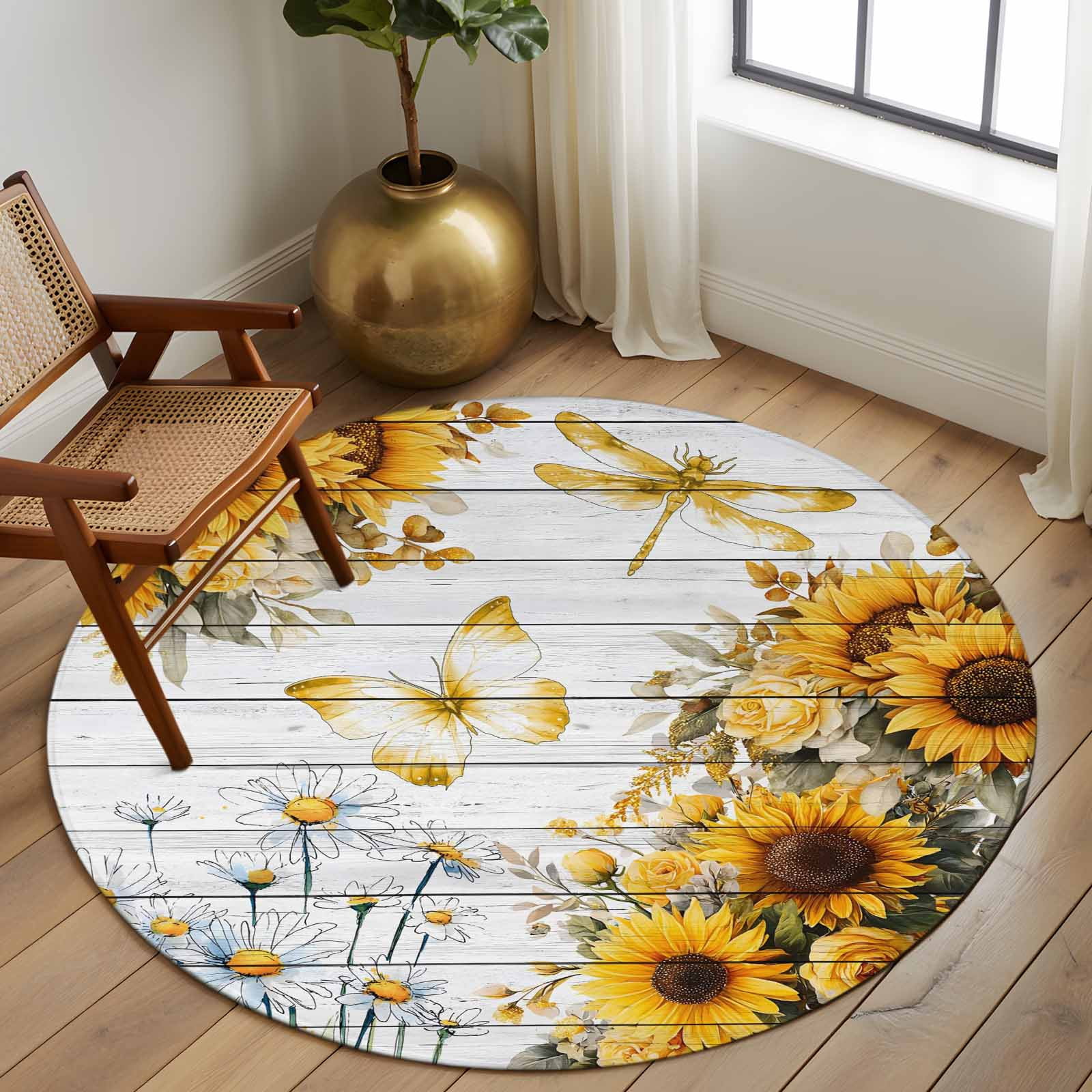 Round Rug 7Ft Washable Non-Slip, Farmhouse Sunflower Circle Area Rugs for Living Room Bedroom, Vintage Daisy Butterflies Gray Wood Indoor Floor Mats Carpet Runner for Home Decor Aesthetic