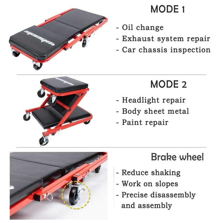 WheelX Mechanic Creeper 36 inches 2-in-1 Z Seat with Brake,340 lbs