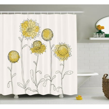  Yellow Flower Shower Curtain  Hand Drawn Style Sunflowers 