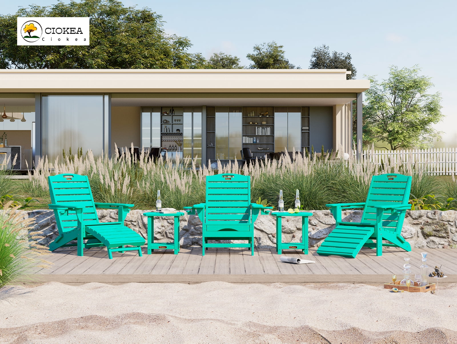 Folding Adirondack Chair Set of 2 with Retractable Ottoman Footrest, Wood Grain HDEP All Weather Fire Pit Chair with 2 Cup Holders for Outdoor, Aqua