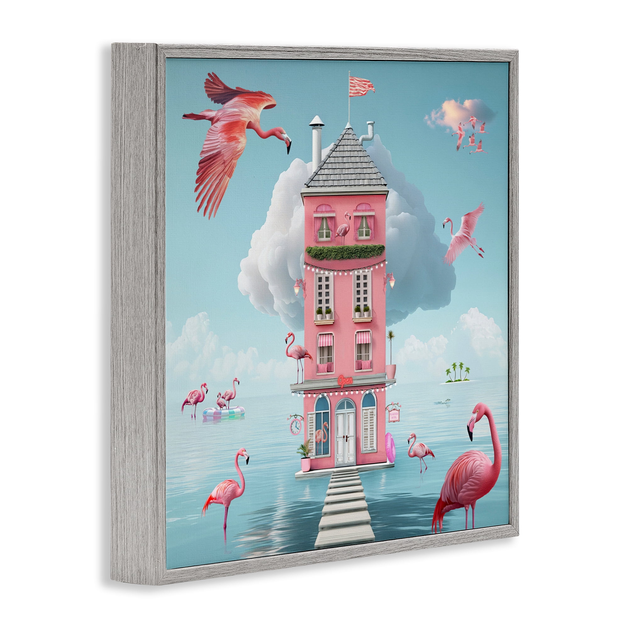 Flamingo Hotel on Water Gray Framed Giclee Art, design by Lori Lea Studios