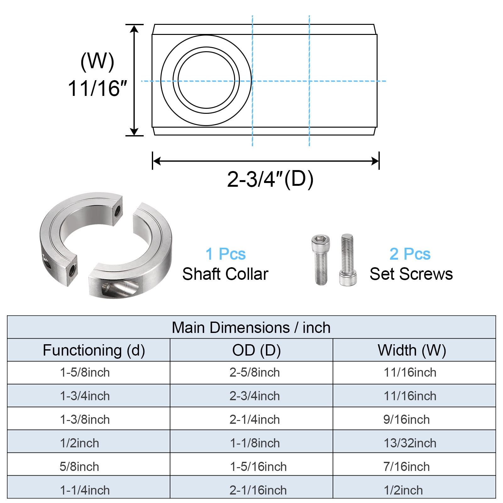 Uxcell Shaft Collar for 1-3/4" Rod 2-3/4" OD 11/16" Stainless Steel Double Split Clamp-On Collar with Set Screw