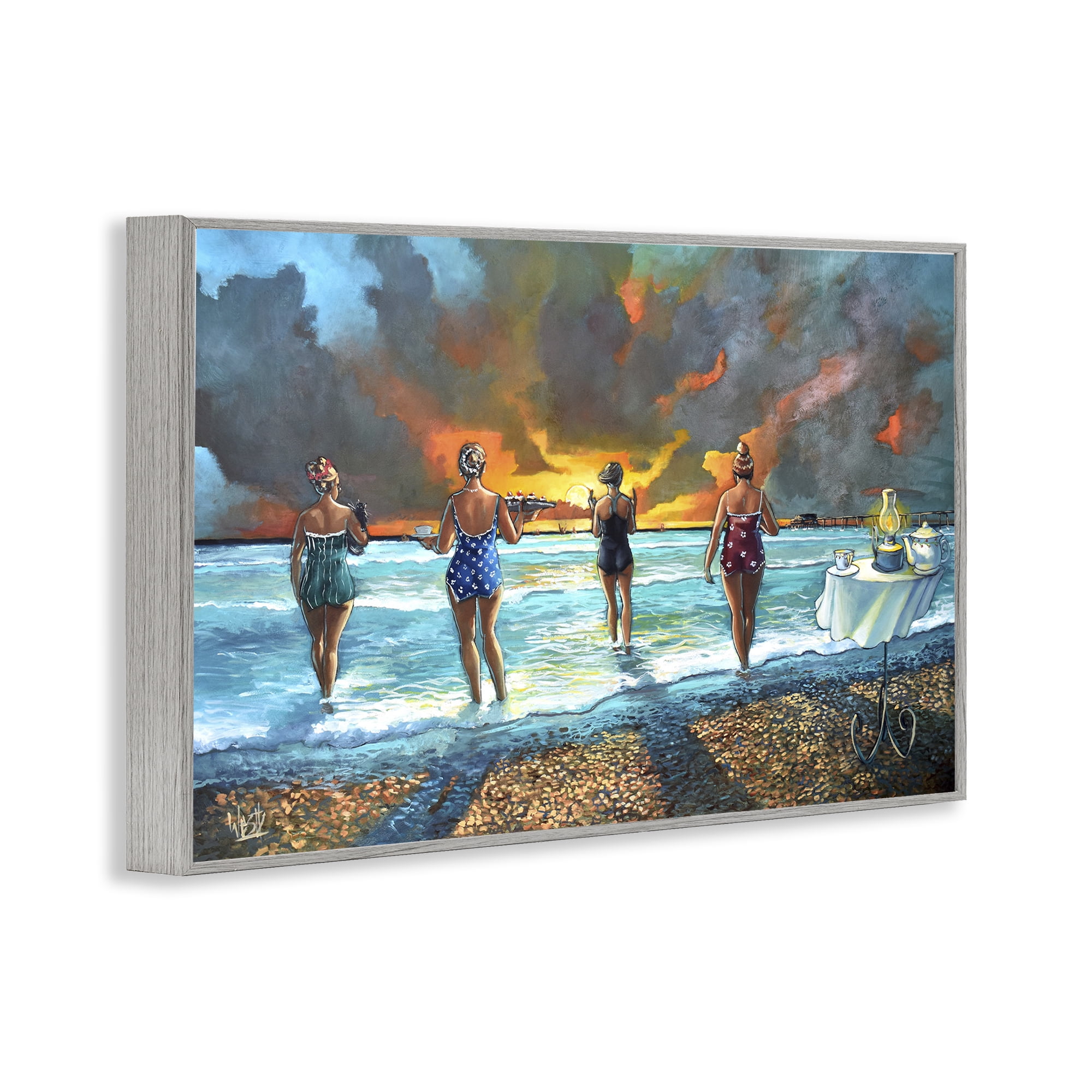 Stupell Industries Elegant Ladies on Beach Novelty Painting Gray Framed Art Print Wall Art, 18 x 12