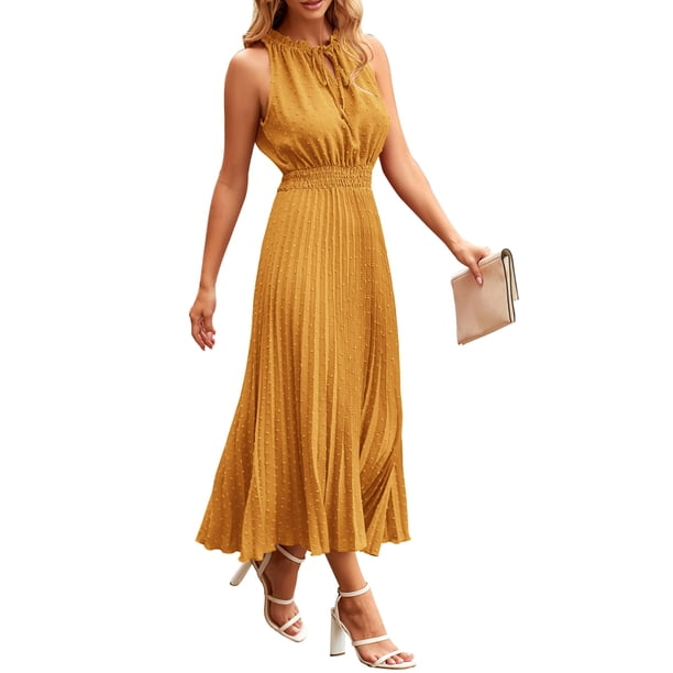 Vestido PRETTYGARDEN Midi de Verano con Escote en V y Lunares Suizos Color Cúrcuma Talla M