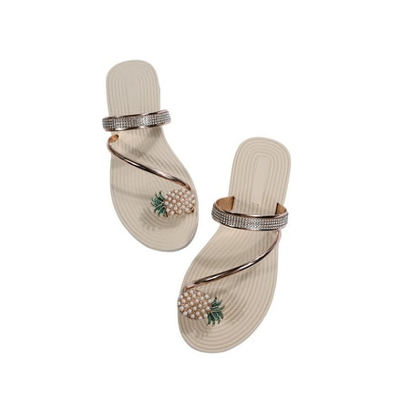 

Colisha Womens Flip Flops Summer Flat Sandals Rhinestone Fashion Slippers Seaside Casual Thong Sandal Comfort Slides Gold Pineapple Decor 5.5