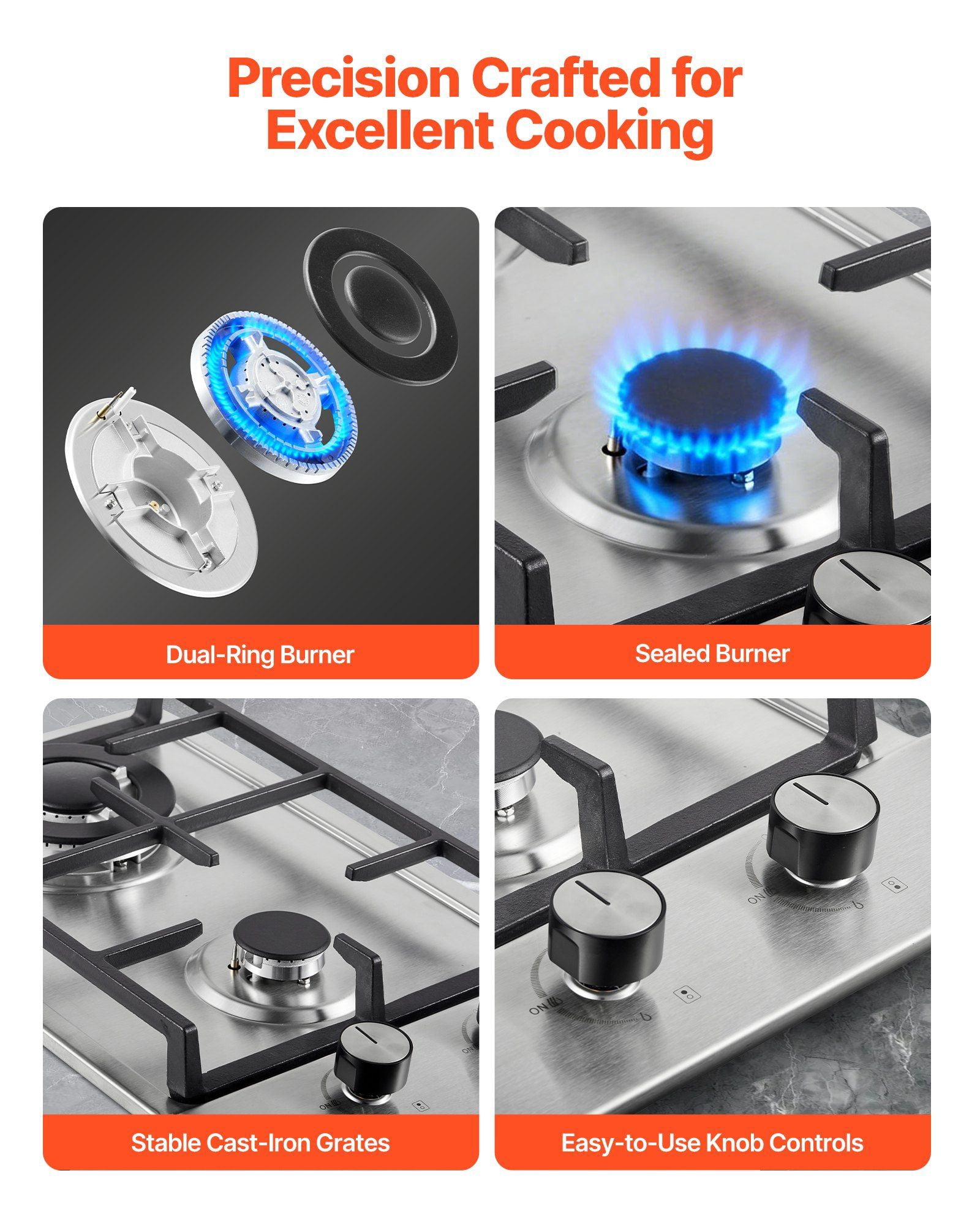 12 Inch Gas Cooktop 2 Burners 12250BTU Built In Stainless Steel LPG NG Convertible Dual Fuel Natural Gas Hob Thermocouple Protection Outdoor Kitchen Camping RV