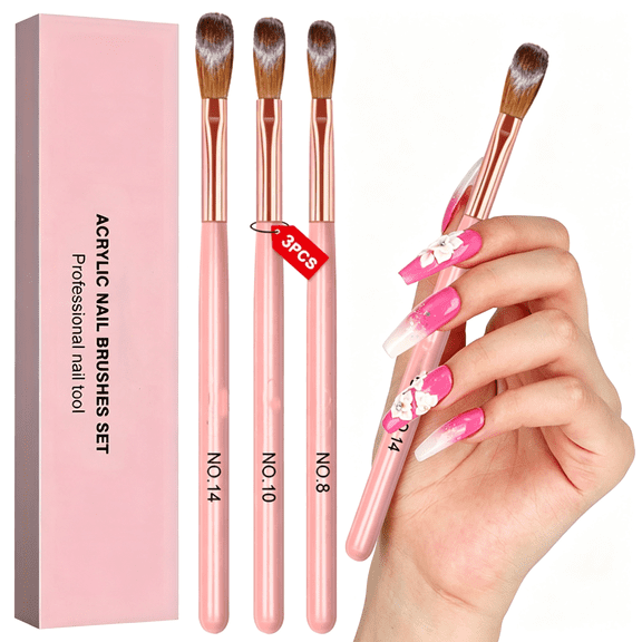 RAGUPEL 3Pcs Acrylic Nail Brush Set,Size 8/12/14 for Extension and 3D Carving,Diy Home Salon Manicure Tool,Pink,Professional Acrylic Nail Brush