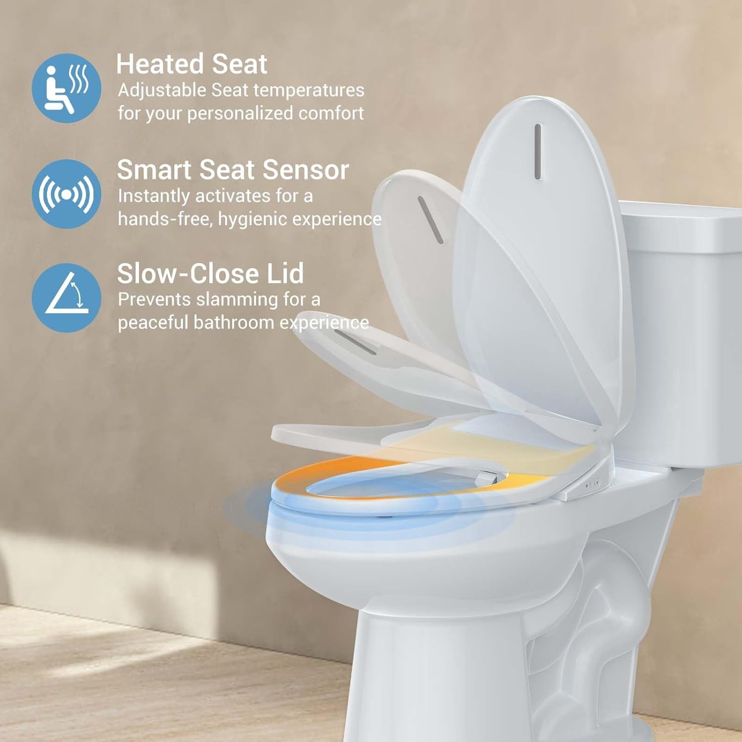 Roromall Smart Bidet Toilet Seat with Multiple Spray Modes, Smart Unlimited Warm Water, Auto Open & Slow Close Lid, Auto LED Nightlight, Power Outage Available, Clean Water