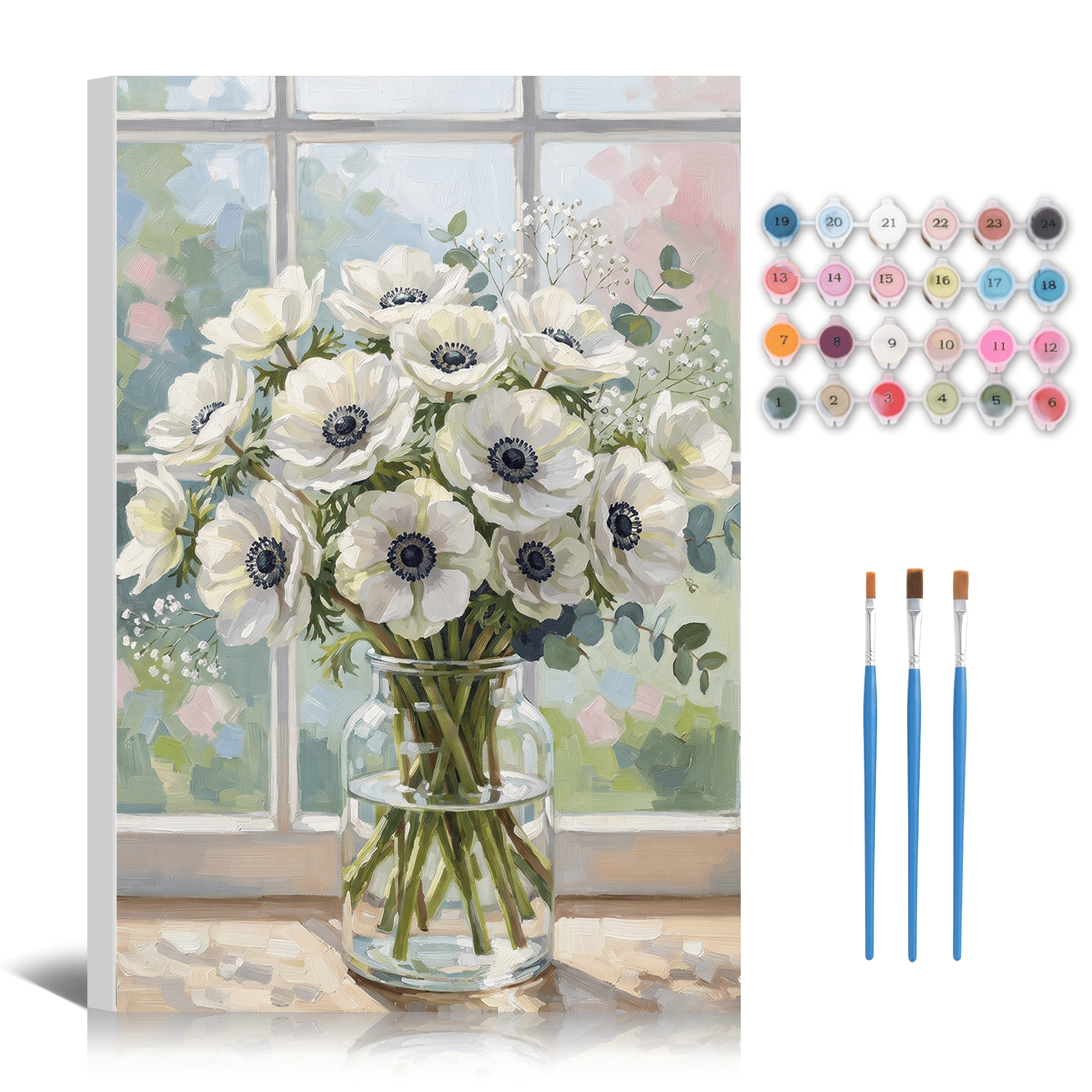Paint by Numbers Kit Adults - Framed Window Flower Vase DIY Oil Paintings White Fresh Floral Canvas Art Painting Kits for Beginners Family Friends Holiday Craft Artwork Home Wall Decor