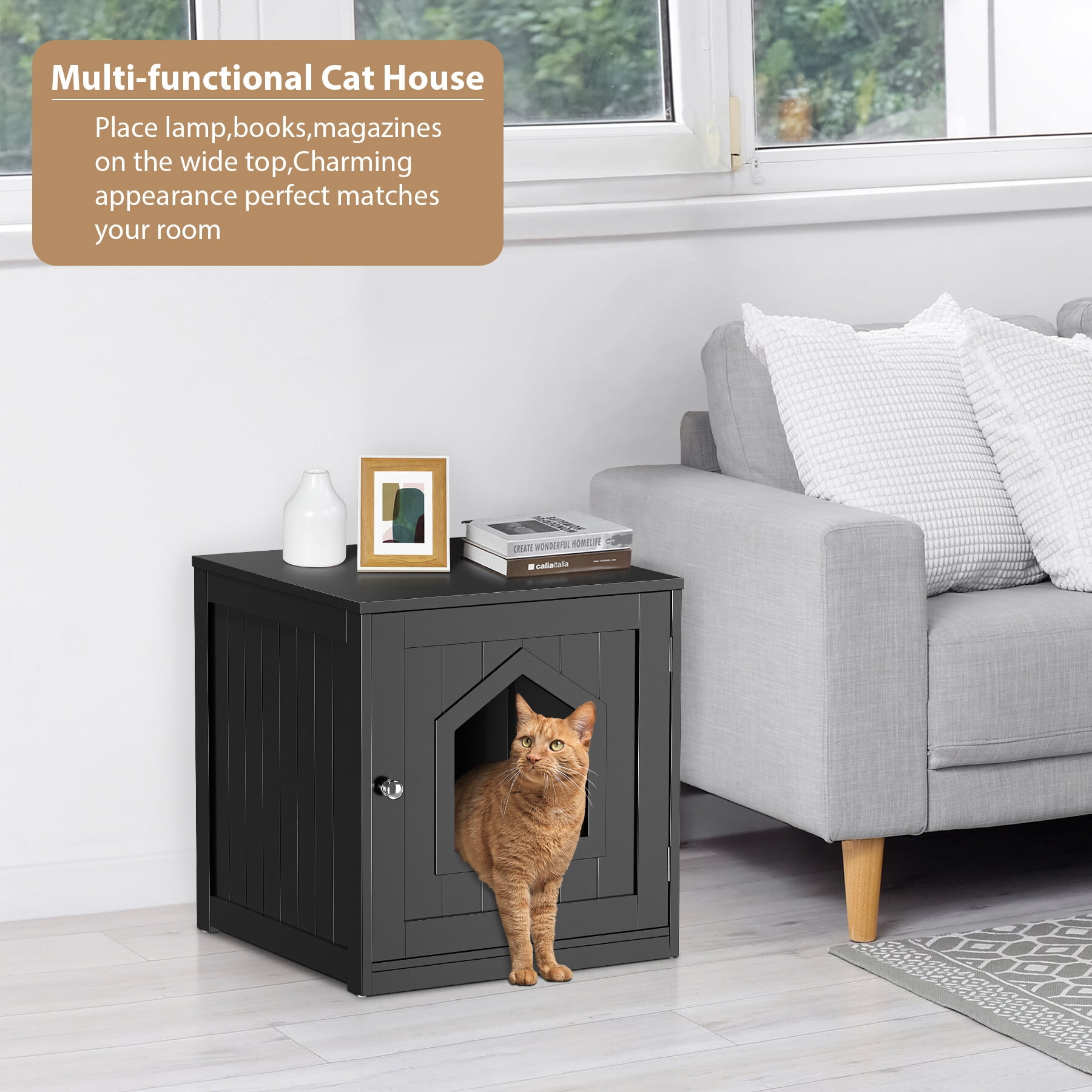 HomGarden 20'' Black Cat Washroom Pet House Hidden Litter Box Enclosure & MDF Side Table