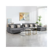 Homestock Boldly Bohemian Linen Fabric 6Pc Double Chaise Sectional Sofa with Interchangeable Legs, a USB, Charging Ports, Cupholders, Storage Console Table and Pillows