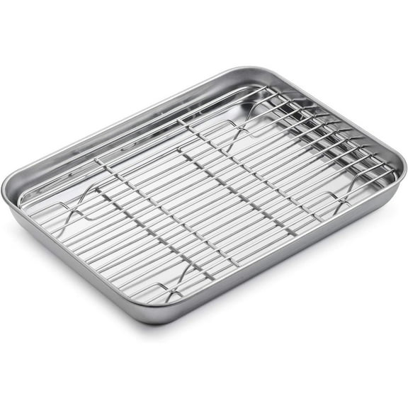 Baking Sheet with Rack Set (1 Pan 1 Rack), Trianu Stainless Steel Cookie Sheet with Cooling Rack, Nonstick Baking Pan, Warp Resistant & Heavy Duty & Rust Free, 10.2 x 7.8 x 1 inches