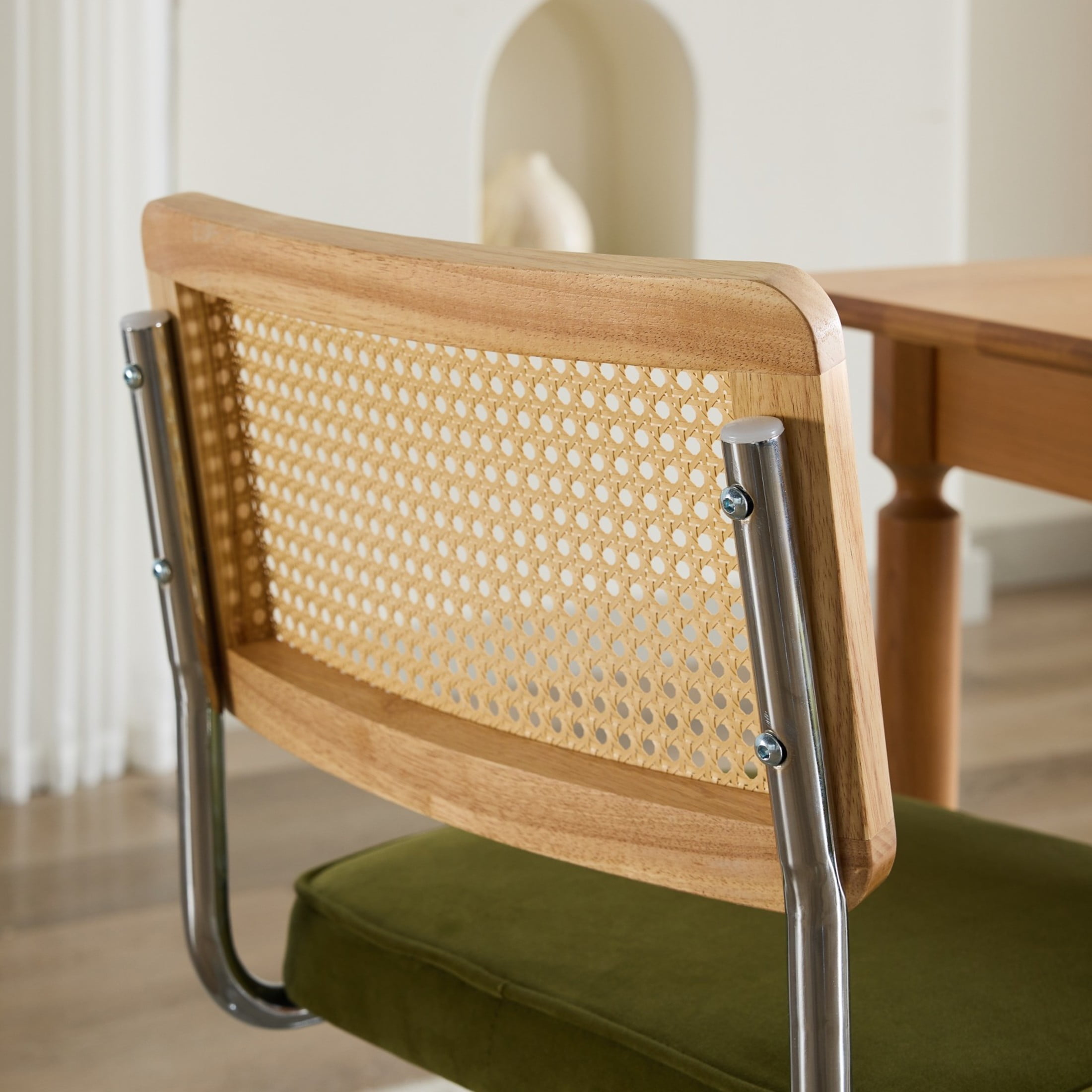 Noble House Muse Modern Upholstered Velvet Dining Chairs, Rattan Back and Stainless Base, Olive Green, Set of 2