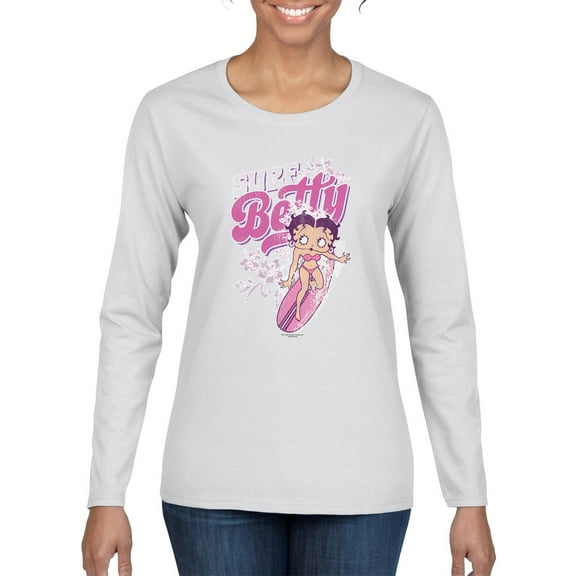 Wild Bobby, Shore Surfer Betty Boop Betty Boop Womens Long Sleeve T-Shirt, White, X-Large