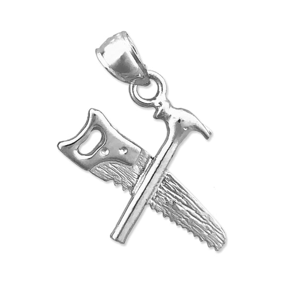Rhodium Plated 925 Sterling Silver 3D Hammer and Saw Tool Charm