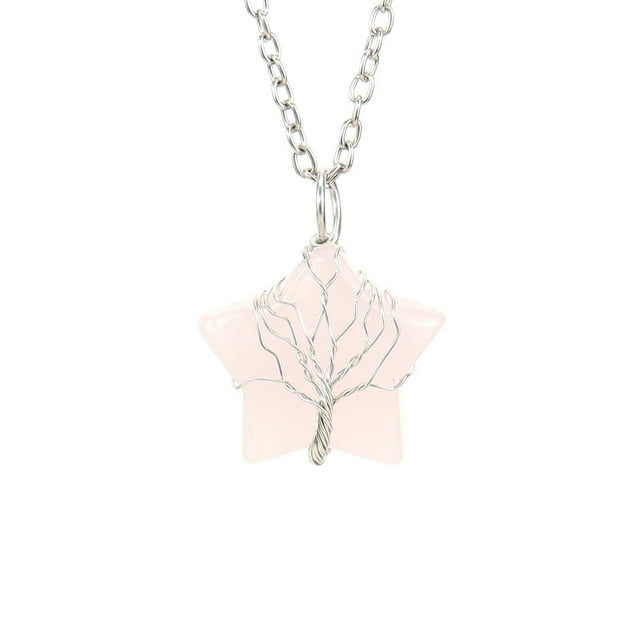 Granjero Gordo Collar con colgante de árbol de la vida con hilo enrollado, pentagrama y piedra cruda de cristal natural, rosa