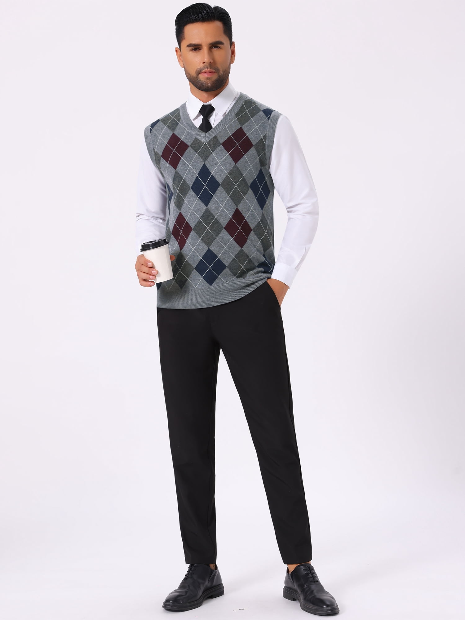 DARING DIVA Men's Casual Knit Sleeveless V-Neck Plaid Argyle Sweater Vest M Light Gray