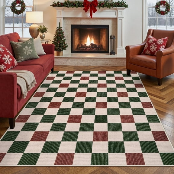 RUG ROBOT 5'x7' Christmas Rugs for Living Room, Washable Non-Slip Checkered Area Rugs for Dining Room, Bedroom, Soft Farmhouse Holiday Rug Geometric Xmas Accent Carpet Indoor Christmas Decor