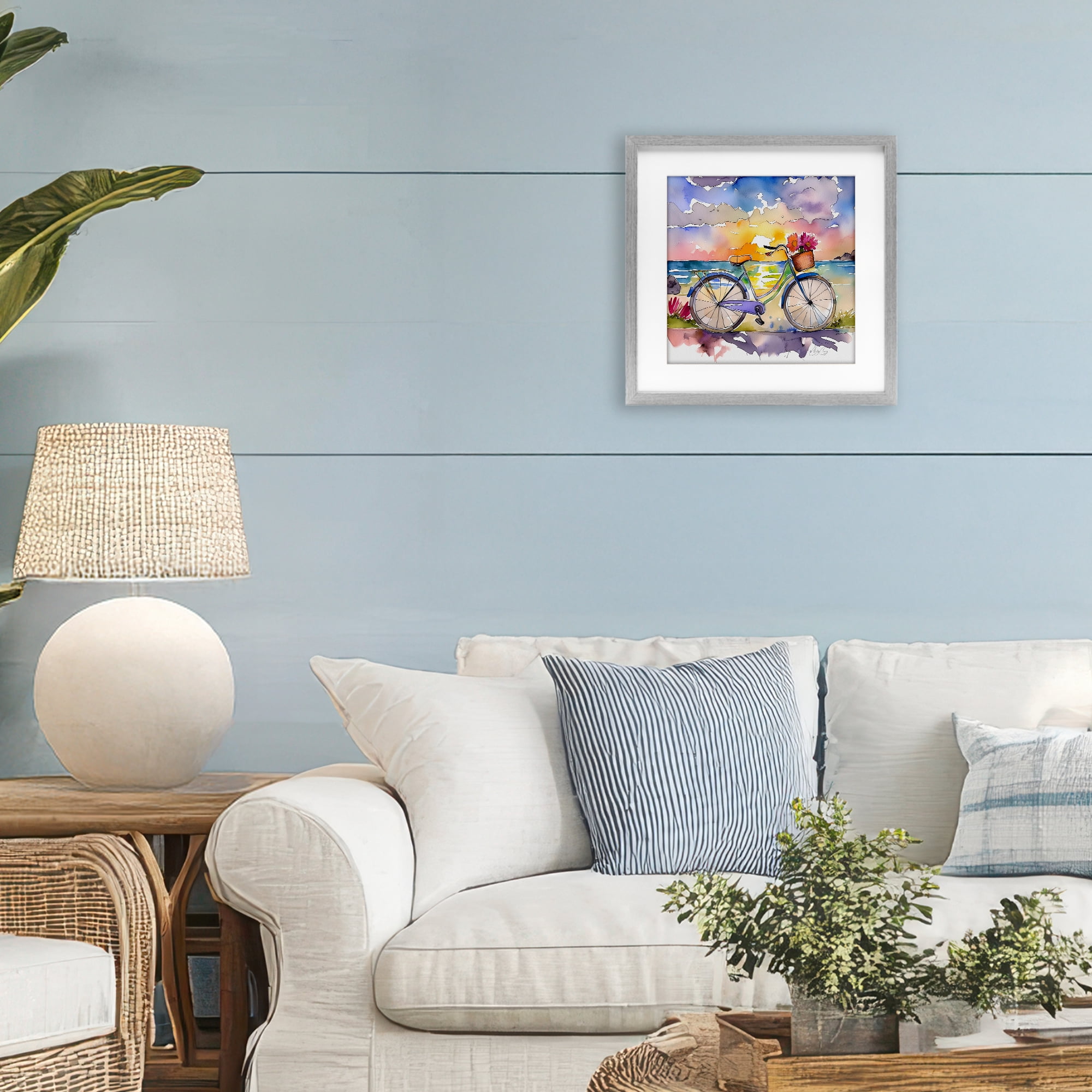 Stupell Industries Bicycle By The Seaside Gray Framed Print Under Glass, design by Shelly Craig