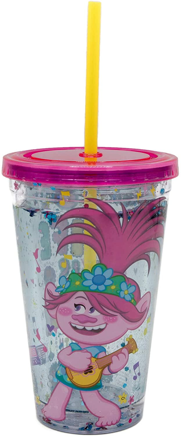 Silver Buffalo Trolls World Tour Plastic Cold Cup with Snow Globe Effect with Lid and Straw Multicolor 14-Ounce 