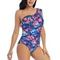 thumbnail image 3 of Uemuo Blue Skull Flower Print Women's One Piece Swimsuit Asymmetrical Neck Bathing Suit One Shoulder Side Cutout Ruffle Swimwear-Large, 3 of 6