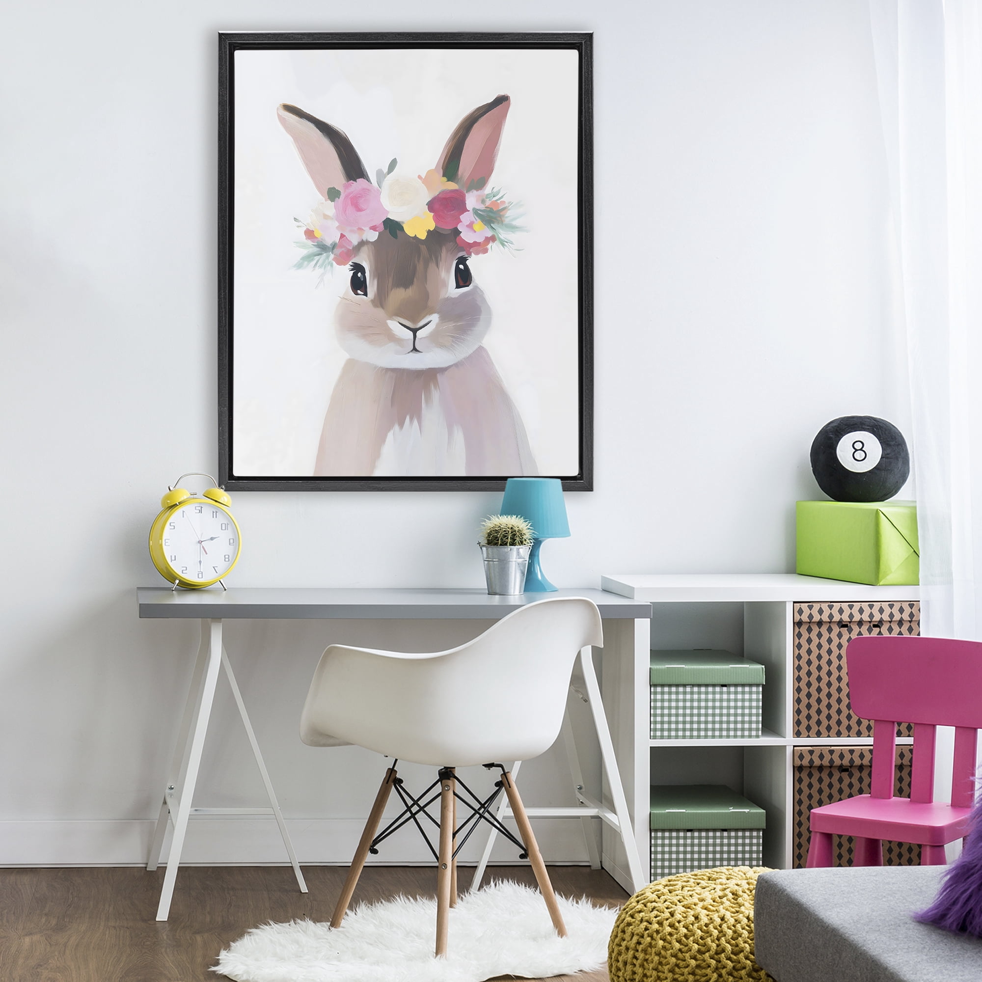 Stupell Industries Flower Crown Rabbit Black Framed Floater Canvas Wall Art, design by The Prints Vibe