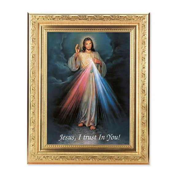 Divine Mercy Picture Framed Wall Art Decor Medium, Gold-Leaf Antique Finished Frame with Acanthus-Leaf Detail