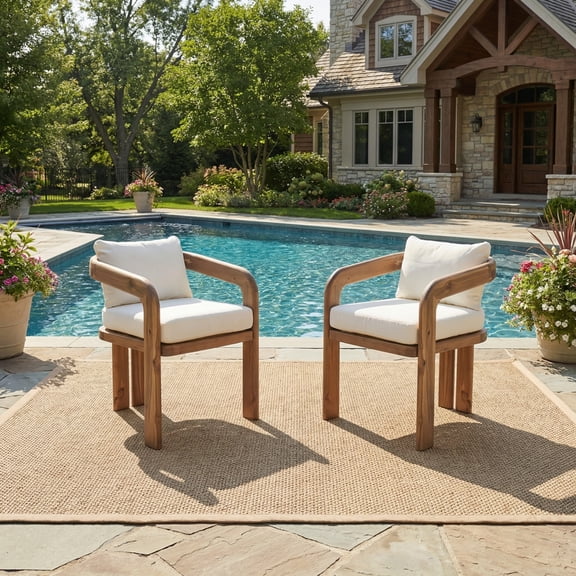 Christopher Knight Home Outdoor Dining Chairs, Natural Acacia Wood Frame with Cream Cushions, Set of 2