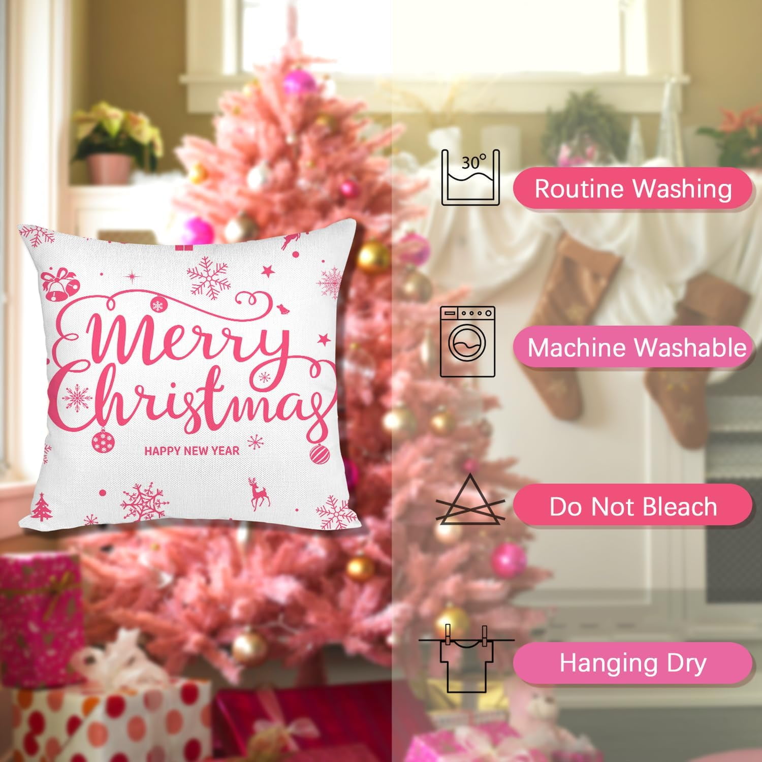 Pink Christmas Throw Pillow Covers 20x20 Set of 4 Christmas Decoration Trees Deer Snowman Merry Christmas Decorative Holiday Farmhouse Pillow Covers for Holiday Christmas Decoration