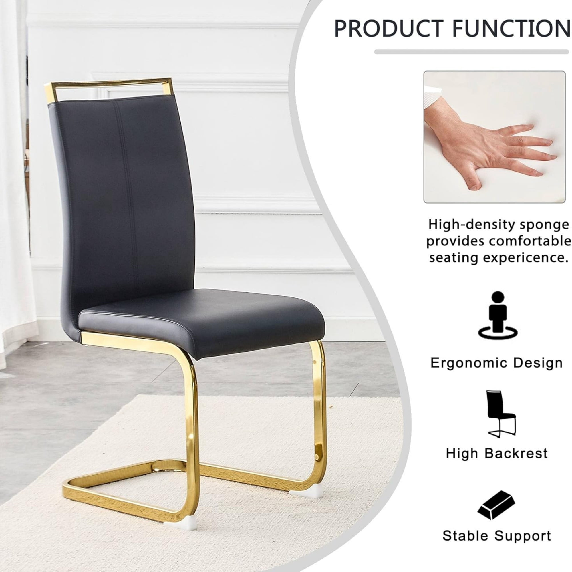 SUDICA Dining Chairs Set of 4, High Back PU Leather Side Chairs with Gold Metal Legs, Black