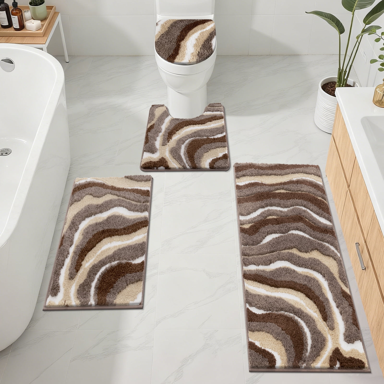 Bathroom Rugs Sets 4 Piece with Toilet Lid Cover, Non Slip Bathroom Mats Extra Soft Chenille Bath Rugs Absorbent Shaggy Rugs Perfect Plush Mats U-Shaped Toilet Rug and Toilet Cover Kitchen