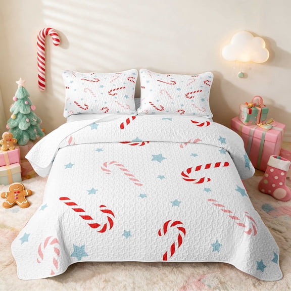 Manfei Candy Cane Twin Quilt Set Christmas Twin Coverlet Set, Black Gold 2-Piece 1 Bedspread and 1 Pillowcase
