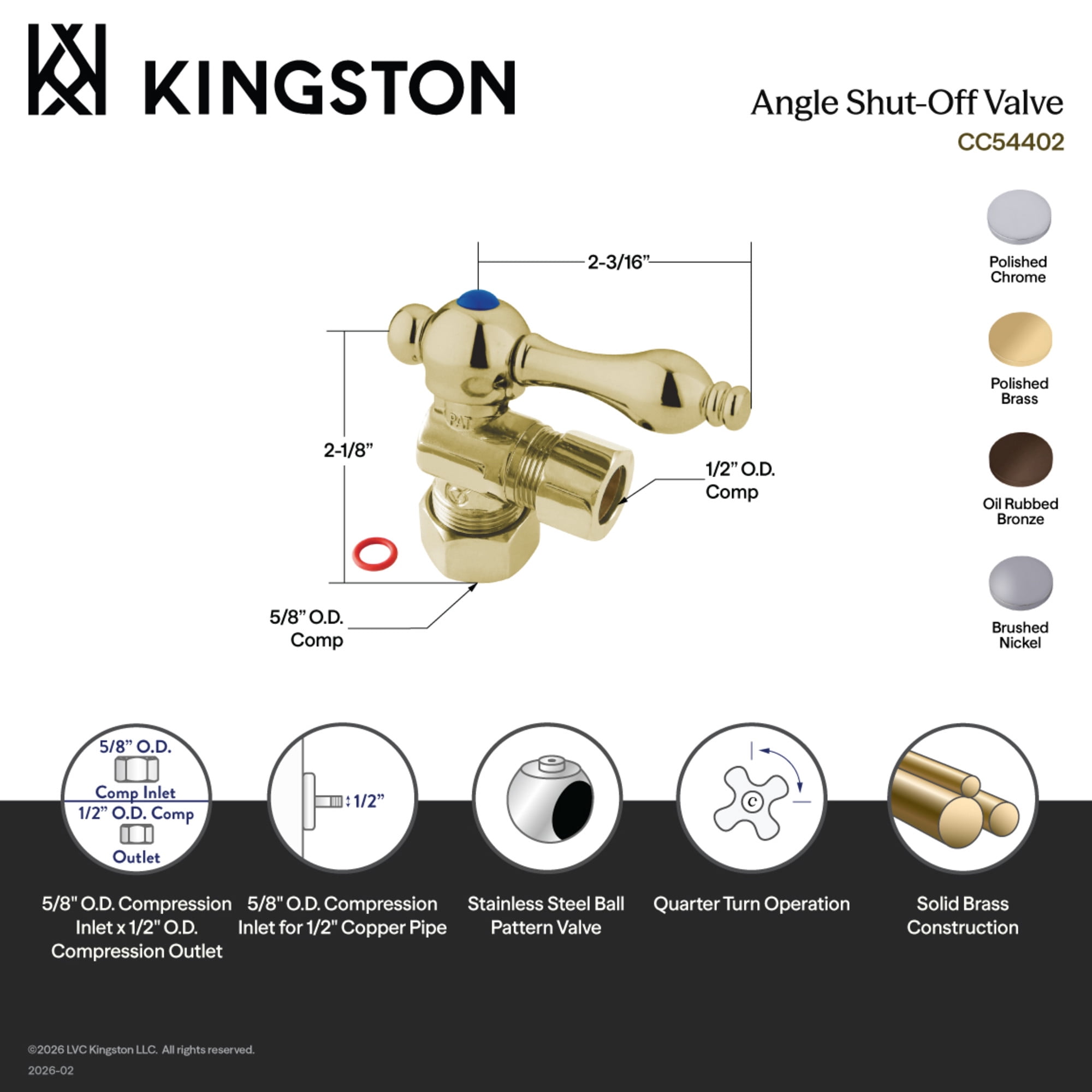 Kingston Brass CC54405 5/8-Inch O.D. Comp x 1/2-Inch O.D. Comp Quarter-Turn Angle Shut-Off Valve in Oil Rubbed Bronze