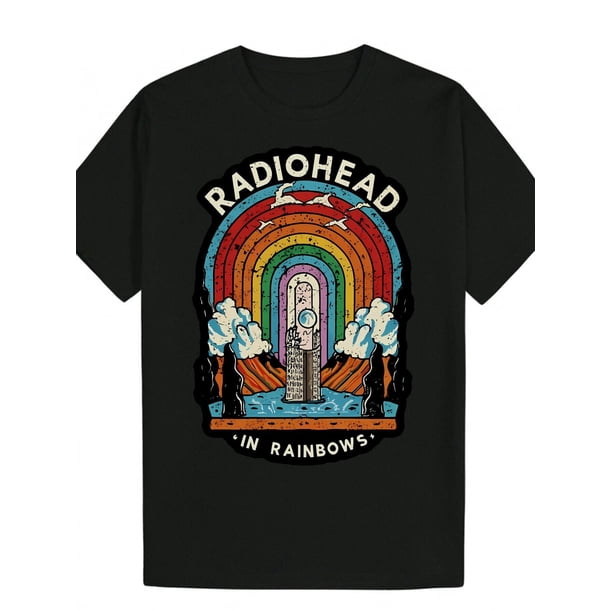 Men'S Vintage Radiohead "In Rainbows" Graphic Tee, 100% Cotton Crew Neck Short Sleeve T-Shirt, Casual Summer Knit Fabric with Slight Stretch, Y2K Anime Horror Dark Humor Band Theme Gift, Regular Fit