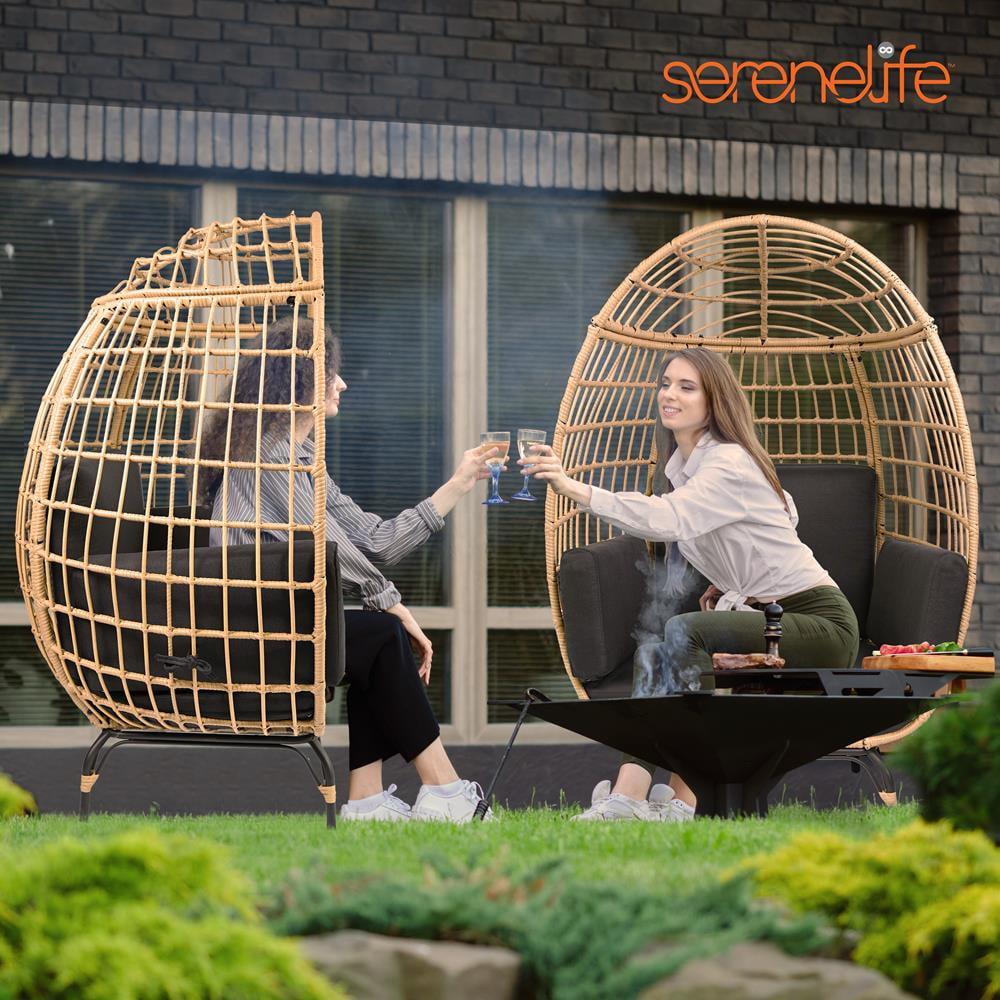 SereneLife Indoor Outdoor Black Wicker Rattan Egg Chair for Patio Backyard With 4 Cushions