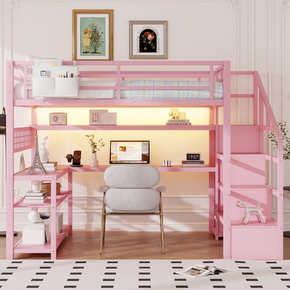 Full Size Loft Bed Frame with Desk and Charging Station, LED Lights Metal Loft Bed with Storage Staircase and Wardrobe for Bedroom, Apartment,Mattress not included, No Spring Box Required, Pink