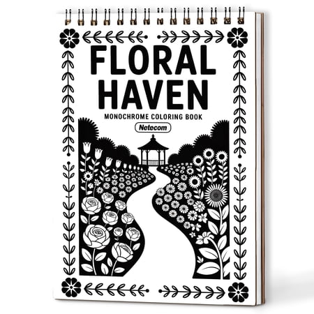 Floral Haven Monochrome Coloring Book Spiral Bound for Adults A5 Wooden Cover Relaxing One-Color Illustrations with Flower Garden Scenes Botanical Patterns for Mindfulness