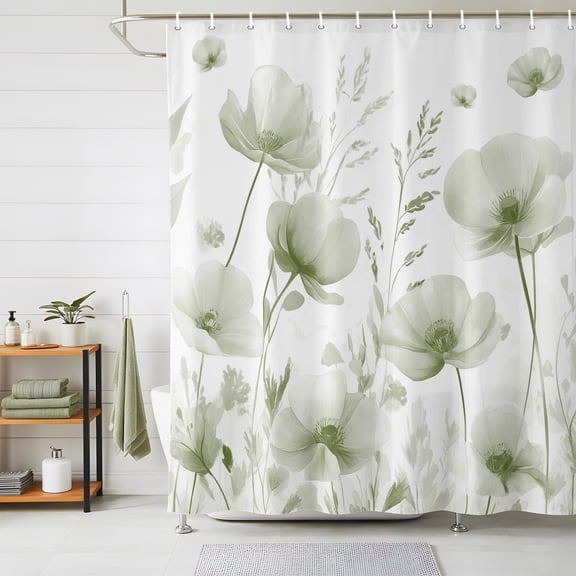 Shower Curtains for Bathroom, Sage Green Spring Floral Waterproof Fabric Shower Curtain, Summer Botanical Watercolor Vintage Decorative Bathroom Curtain for Bathtub, 72"x84", No Hooks Included