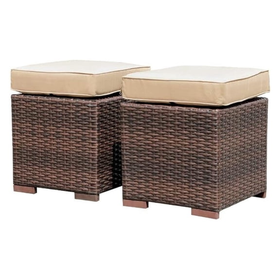 Outdoor Patio Ottoman 2-Piece Set, Wicker Footstool - Dark Brown Rattan, Beige Cushions - All-Weather, No Assembly