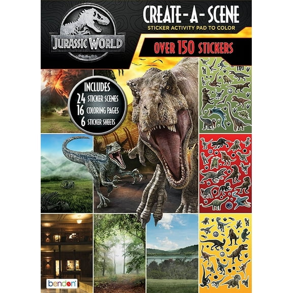 Jurassic World Create a Scene Sticker Book, 32 Pages, 6 Sticker Sheets, Paperback, by Bendon