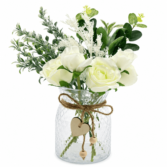 Faux Flowers with Vase, Artificial Silk Roses in Vase, Fake Plant Eucalyptus Flower Arrangement Table Centerpiece Decorations for Home Office Farmhouse Bathroom Dining