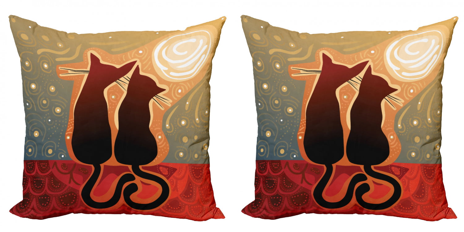 16 X 16 Female and Male Cats in Love Watching Moon Luna on Starry Sky Print Green Orange Decorative Square Accent Pillow Case Ambesonne Animal Throw Pillow Cushion Cover 