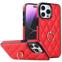 Dteck Case for iPhone 14 Pro Max 6.7-inch,Shockproof Leather Grid Case 360°Rotatable Ring Holder Kickstand Hybrid Rubber Cover,Red