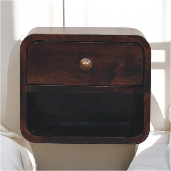 JERFIT Modern Wall Mounted Bedside Table with Drawer, Solid Mango Wood Floating Nightstand, Minimalist Brown Bedroom Storage Shelf